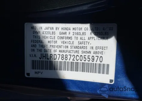 2002 Honda Cr-V Ex из США, поврежденный, VIN JHLRD78872C055970